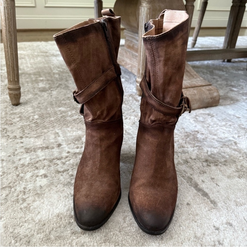 Women’s Brown Suede Mid-Calf Heeled Boots - Picture 2 of 8